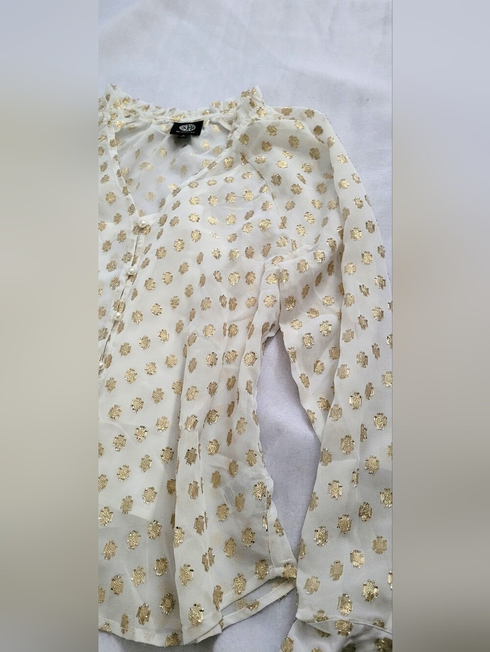 NWOT! Polka Dot Fall Top Gold Foil Pearl Embellished Women's Sheer Blouse Small - Picture 13 of 17